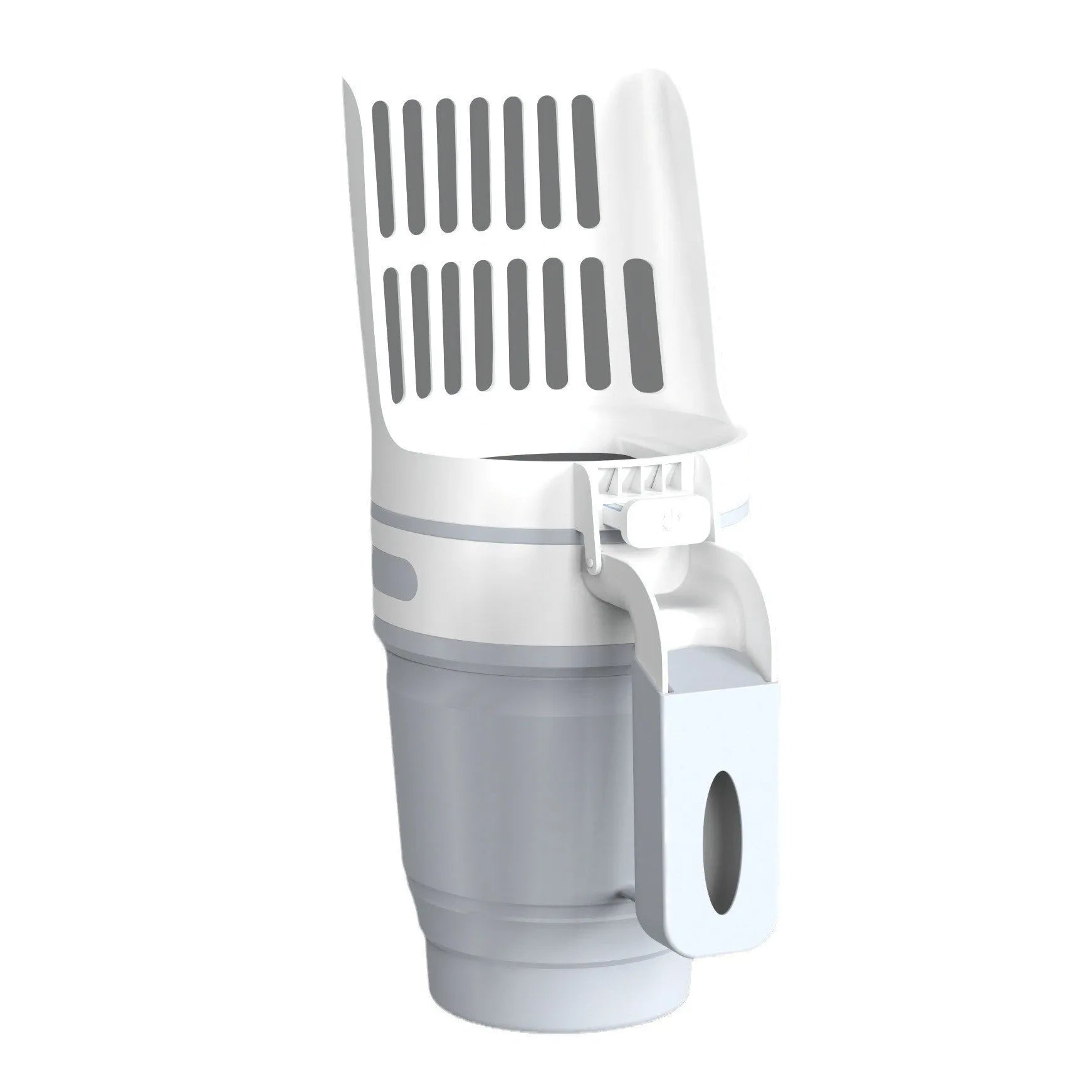 Grey foldable cat litter scoop and bin system with refill bags on a white background.