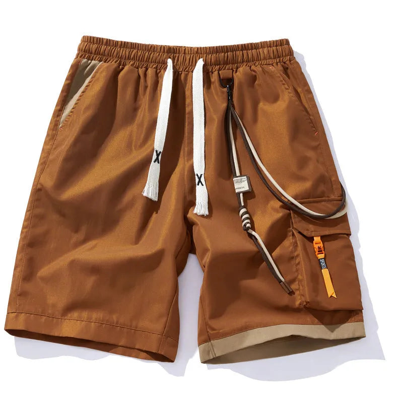 Men's loose fit bamboo fiber sports shorts in black, blue, coffee, and white with high waist and straight leg design