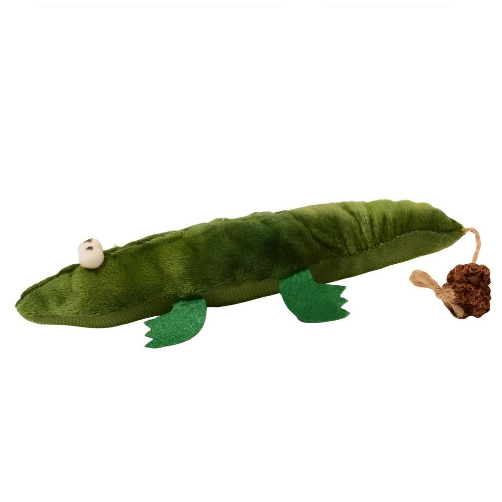Green plush alligator catnip toy for stress relief and oral cleansing