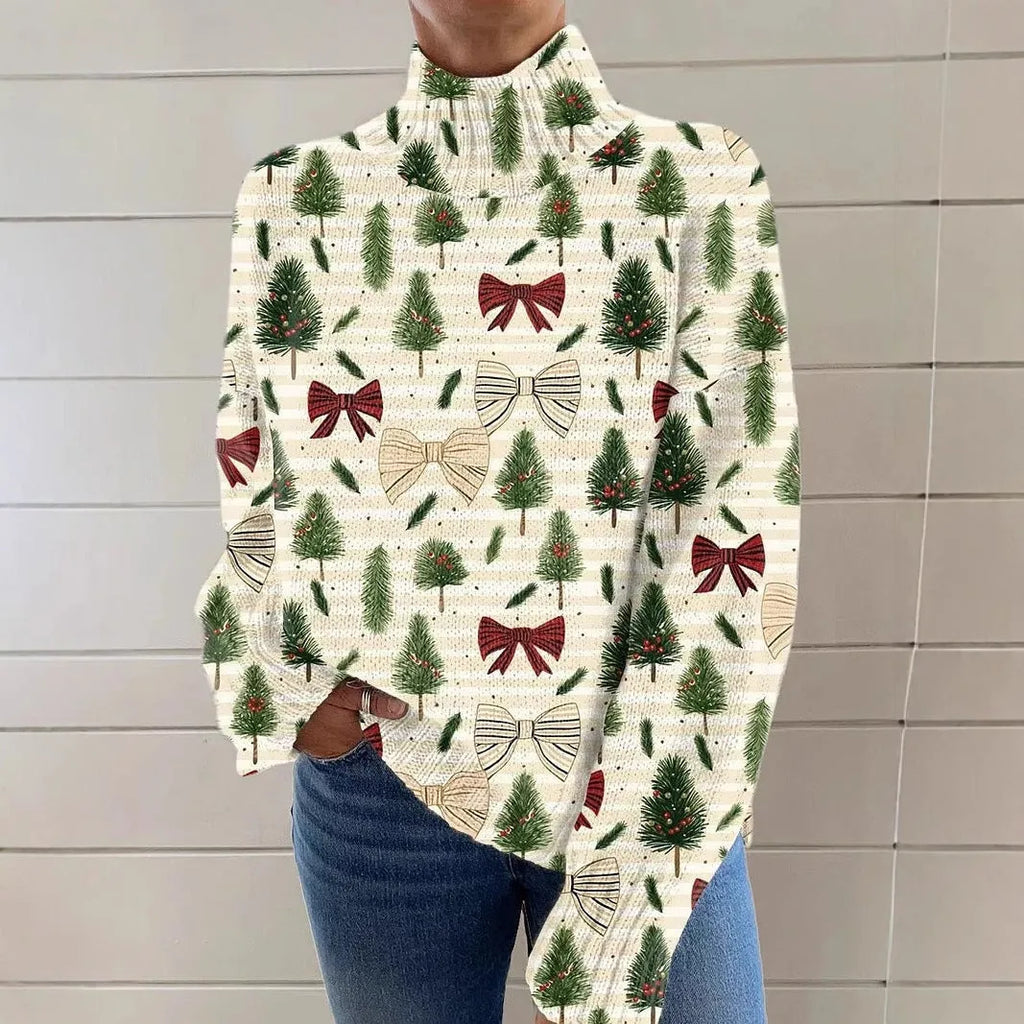 Women's loose fit Christmas printed turtleneck sweater in macaron colours