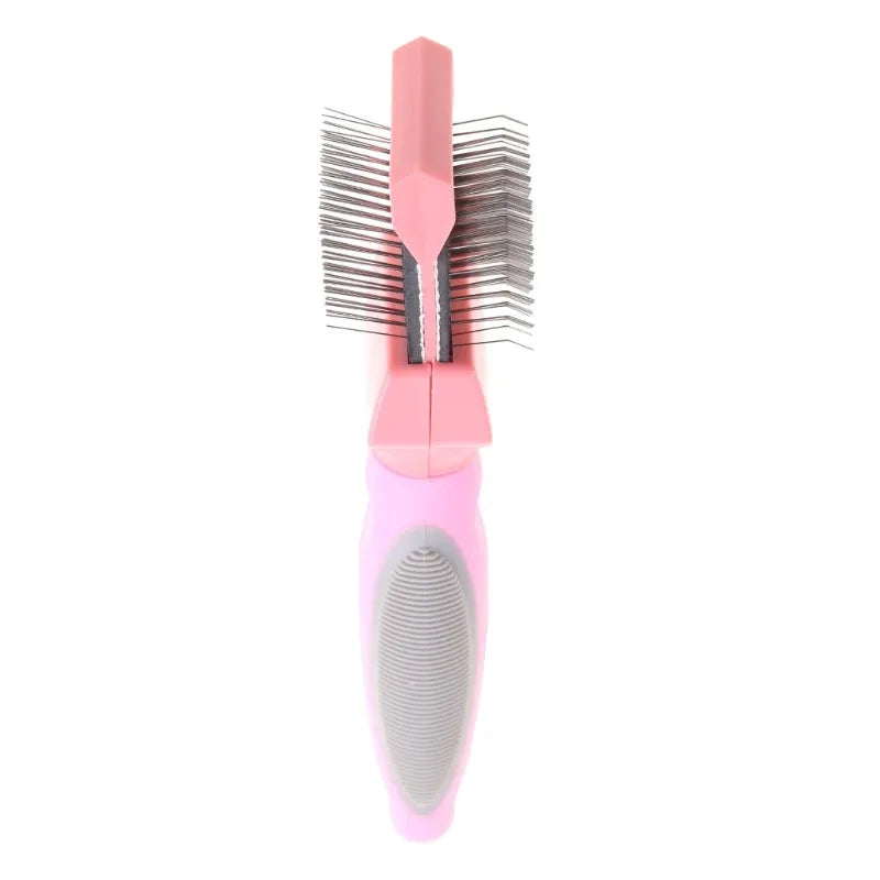 Double-sided pet brush with stainless steel bristles and ergonomic blue handle