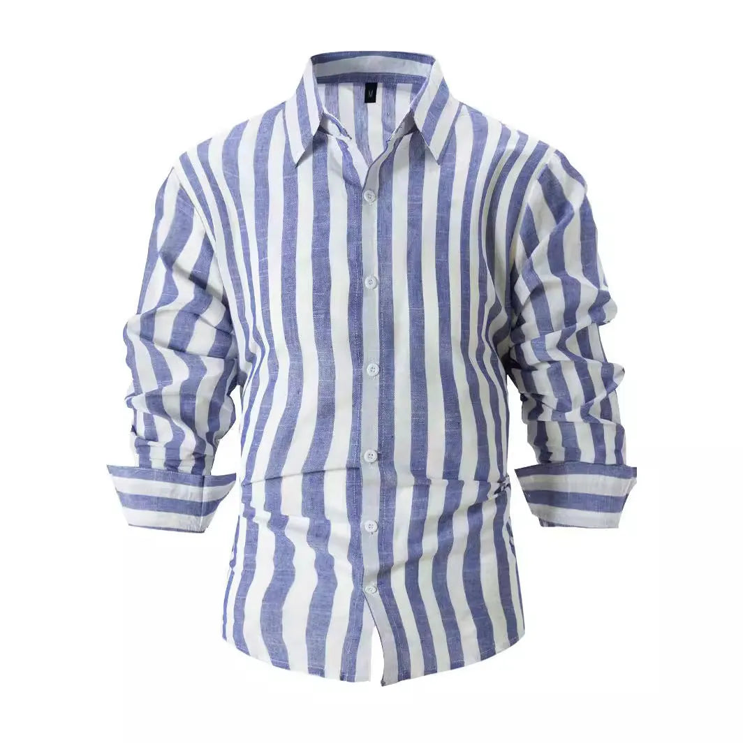 Man wearing a loose grey striped long-sleeved casual shirt with a cardigan style.
