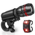 Bicycle headlight and taillight set with metal mounting bracket on a black background.