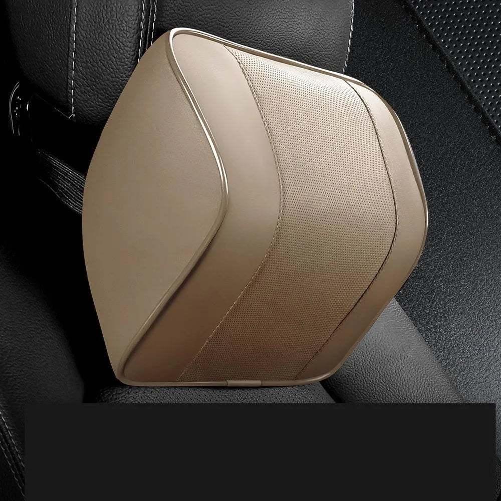 Memory foam car neck pillow and waist support with PU leather cover in black, coffee, beige, or wine red