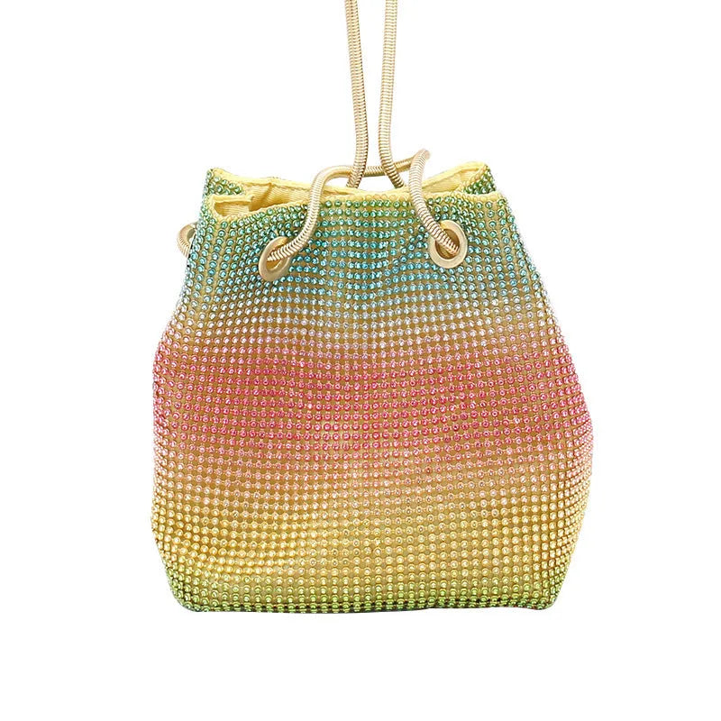 Colourful rhinestone bucket bag with glitter finish and soft fabric construction