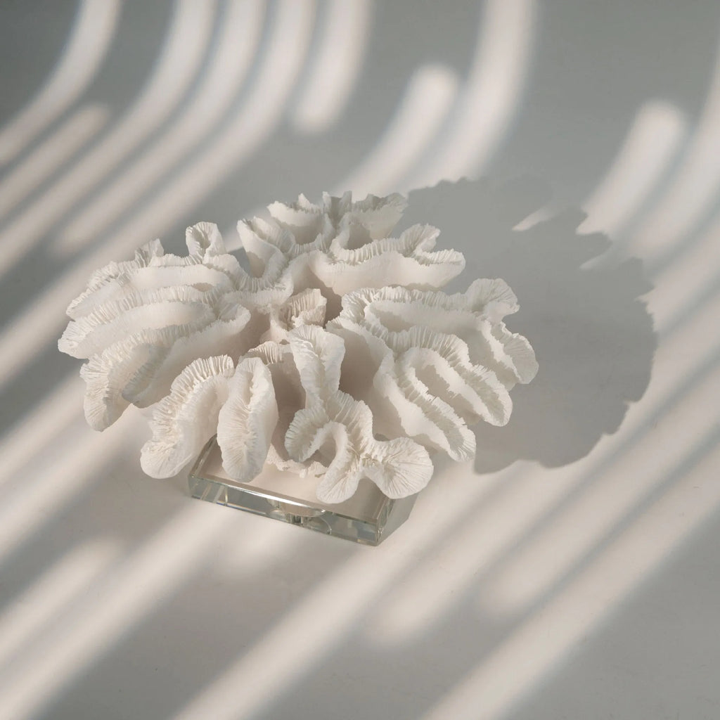 Resin coral ornament in coral colour, 34x31x15cm, on a wooden desktop
