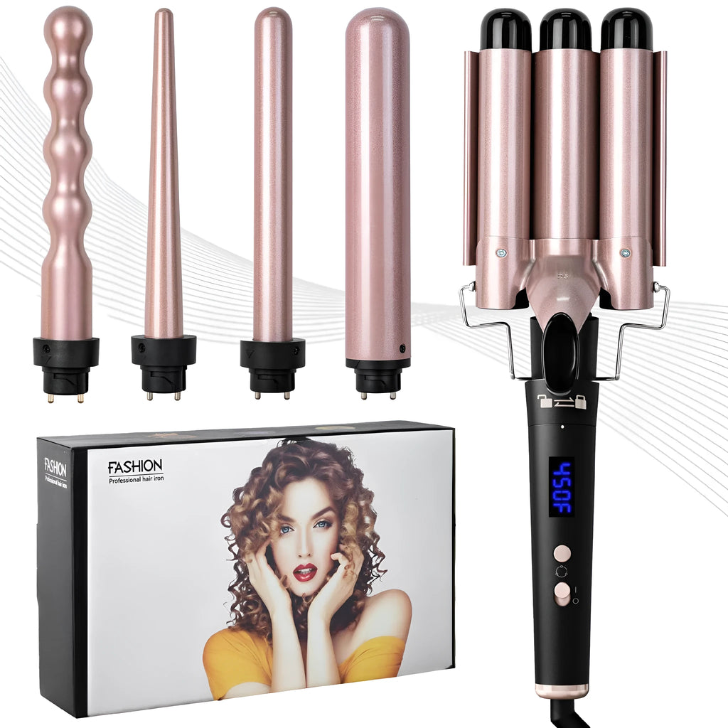 Rose gold tube replacement hair curler with LCD screen display and five styling functions