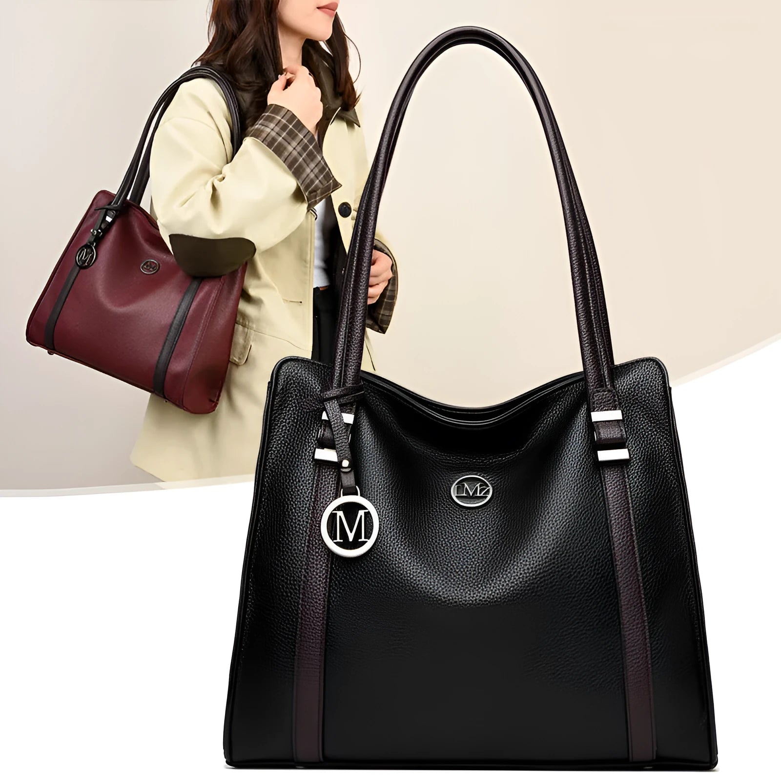 Women's large horizontal square crossbody bag in soft PU material, shown in wine red colour with double shoulder straps.