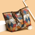Women's large capacity PVC shoulder handbag in blue brown colour with sandwich pocket design