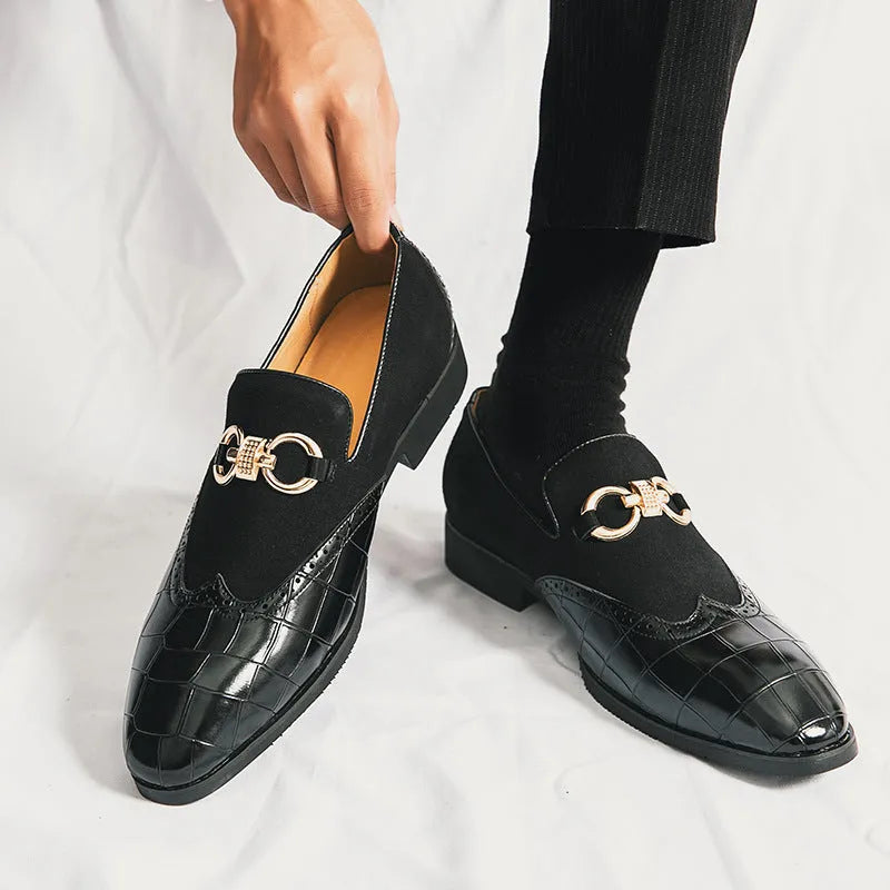 Men's black pointed toe leather shoes with low top design and visible sewing line detailing on artificial PU upper