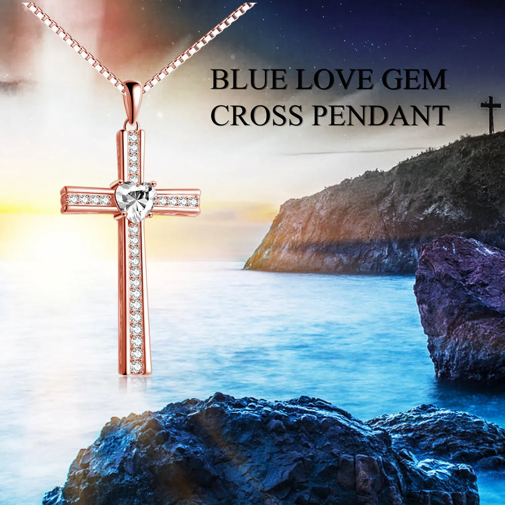 Rose gold plated cross necklace on 925 silver chain with birthstone pendant for women