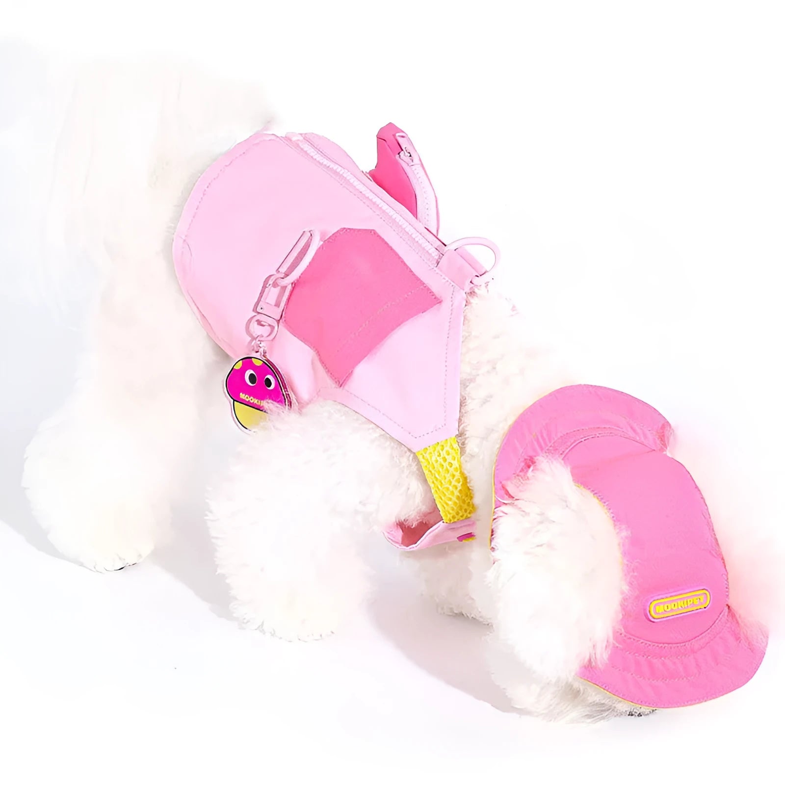 Pink polyester vest for small dog on mannequin showing casual design