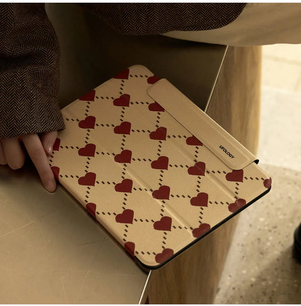 Magnetic protective case for iPad Air tablets showing double-sided suction and optional inner shell configuration