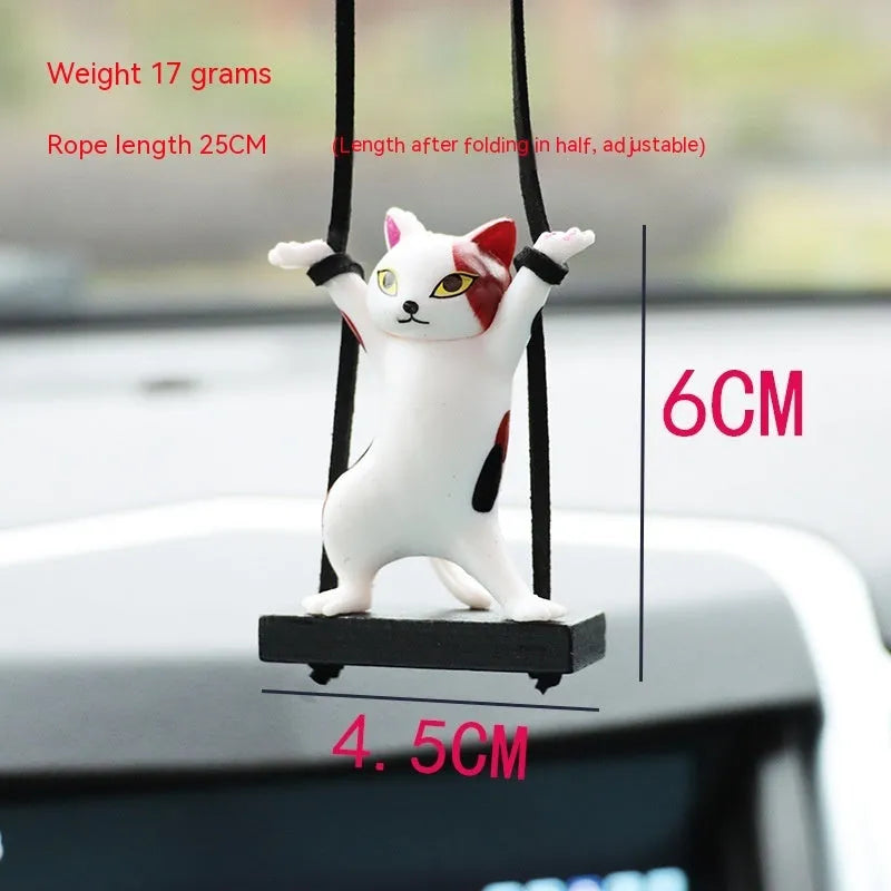Cartoon-style resin cat pendant for car interior decoration with an adjustable rope, shown in black colour