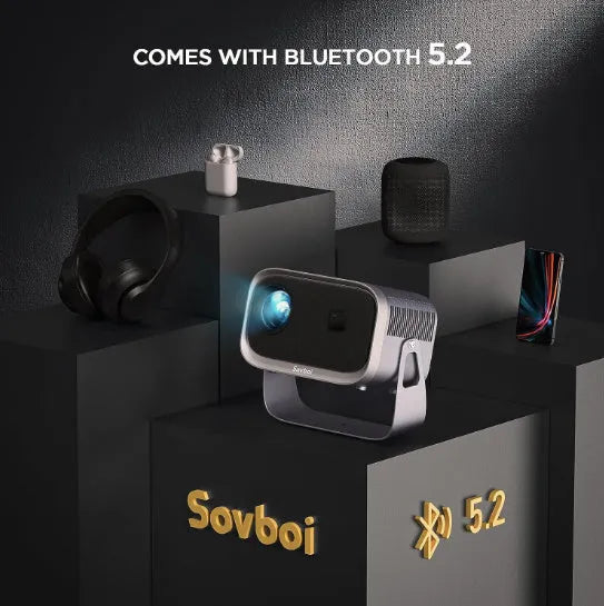 Portable smart home theatre projector unit with connectivity for Android 4K and mobile screen mirroring.