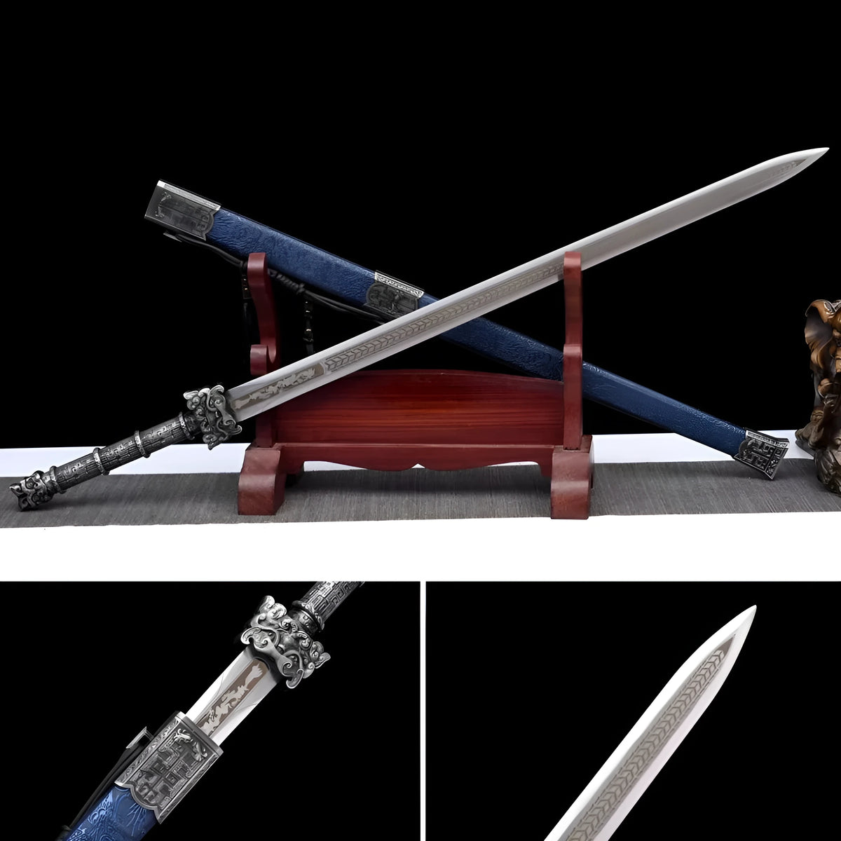 Tang-style long sword, 102cm, unsharpened manganese steel blade, solid wood leather scabbard, alloy fittings, 1.6kg