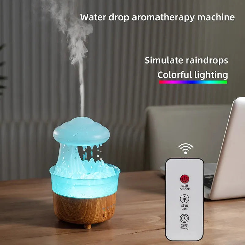 Wood grain white rain cloud shaped humidifier diffuser with LED night light on a table.