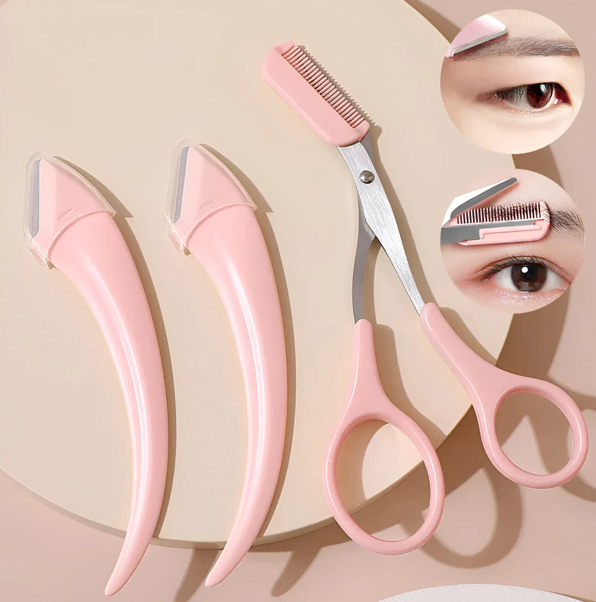 White and pink eyebrow trimming knife with curved blades and comb for brow and lash grooming.