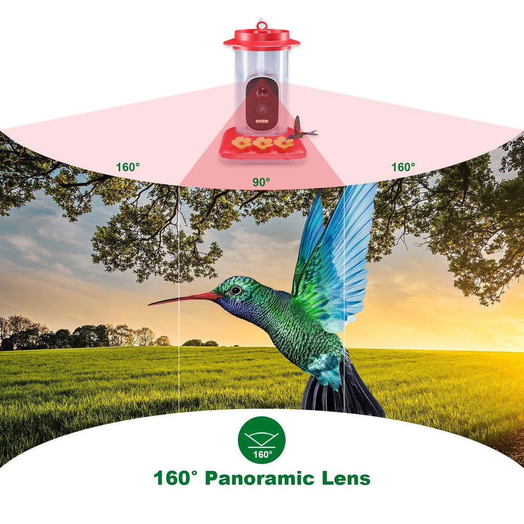 Red intelligent visual hummingbird feeder with 5MP HD camera, solar panel, honey container, straps and bracket