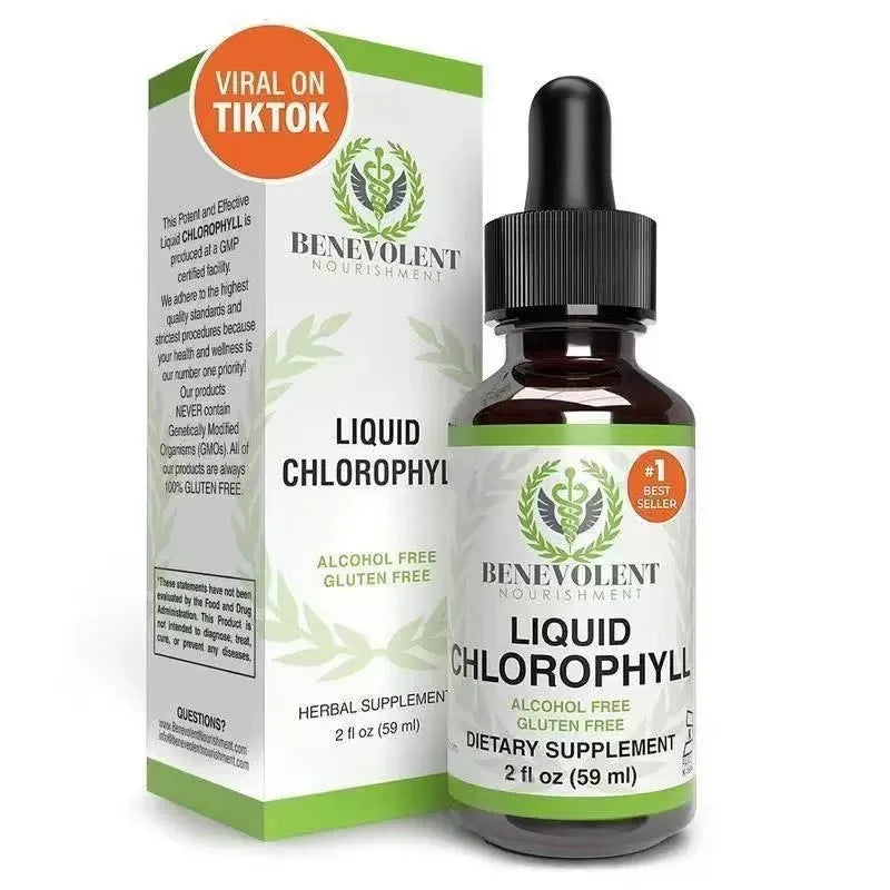 60ml bottle of liquid chlorophyll dietary supplement drops for adult intestinal care.