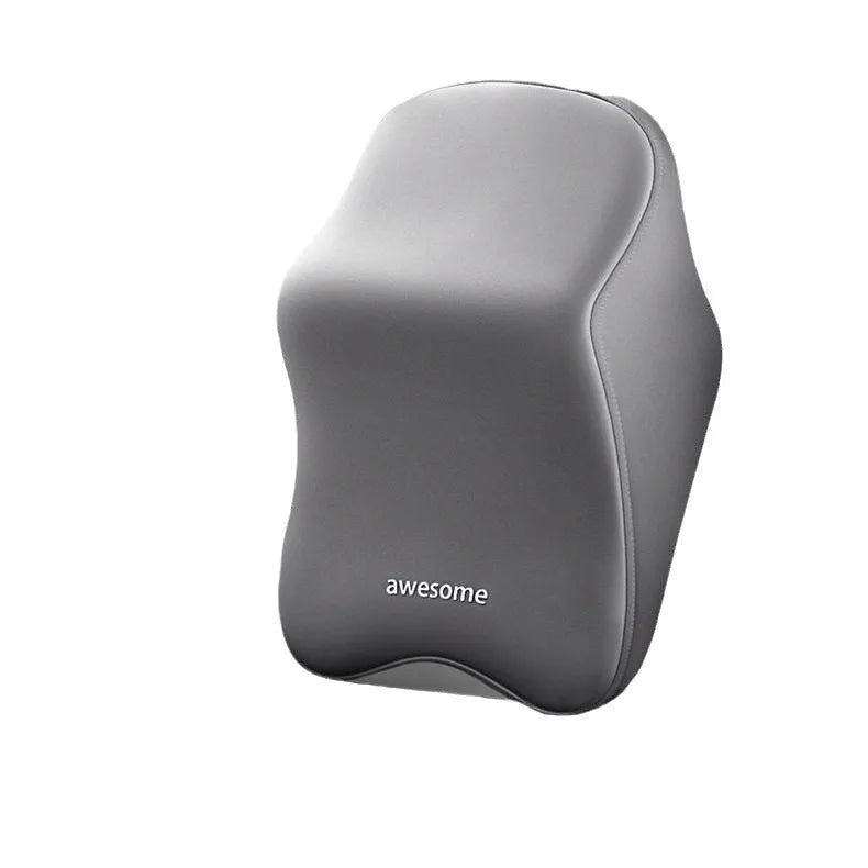 Memory foam car headrest pillow and lumbar support cushion set in black, grey, blue, and pink colour options.