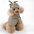 Camel-coloured detective suit style cotton cloak dog coat with an adjustable hat on a pet.