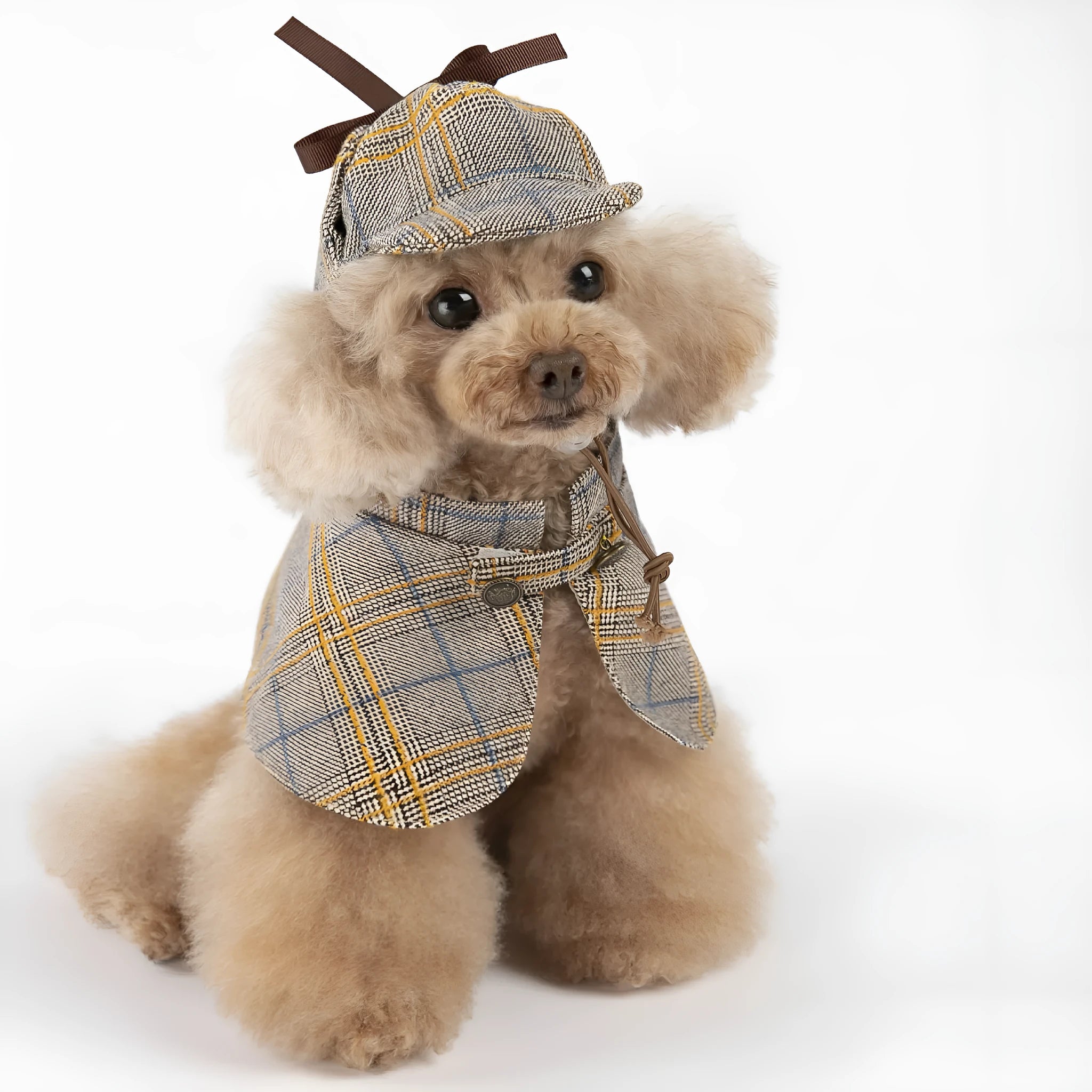 Camel-coloured detective suit style cotton cloak dog coat with an adjustable hat on a pet.