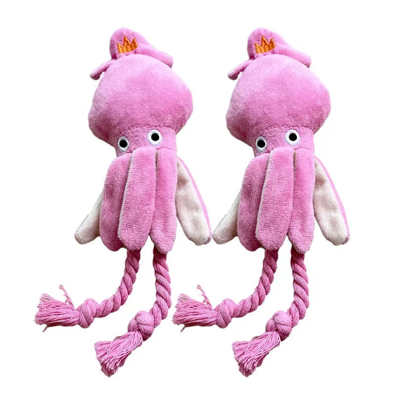 Pink squid plush dog chew toy with squeaky sound, 32cm corduroy, for small medium dogs