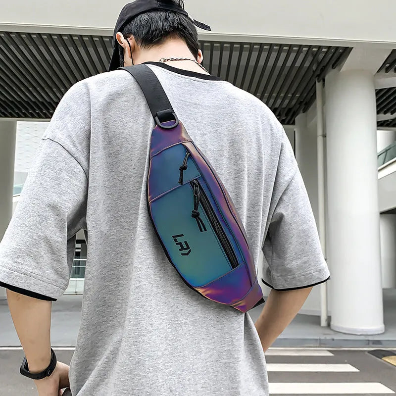 Blue and grey crossbody cycling shoulder bag with reflective elements and open pocket design