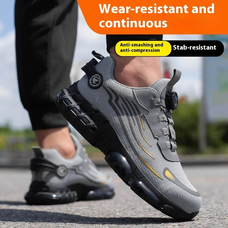Men's black safety shoes with steel toe cap, flyknit upper, TPU sole, anti-slip workwear