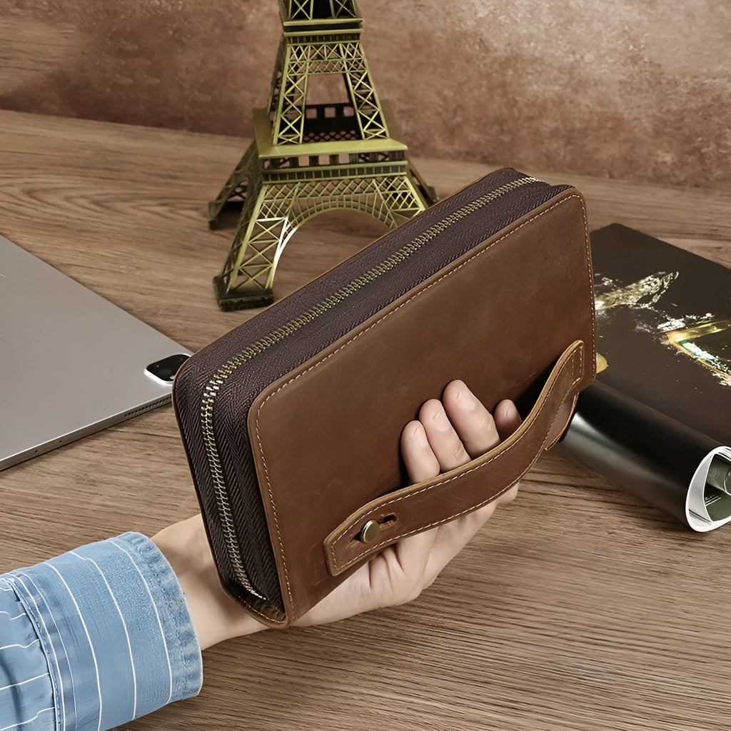 New long genuine leather wallet for men in brown solid colour retro style