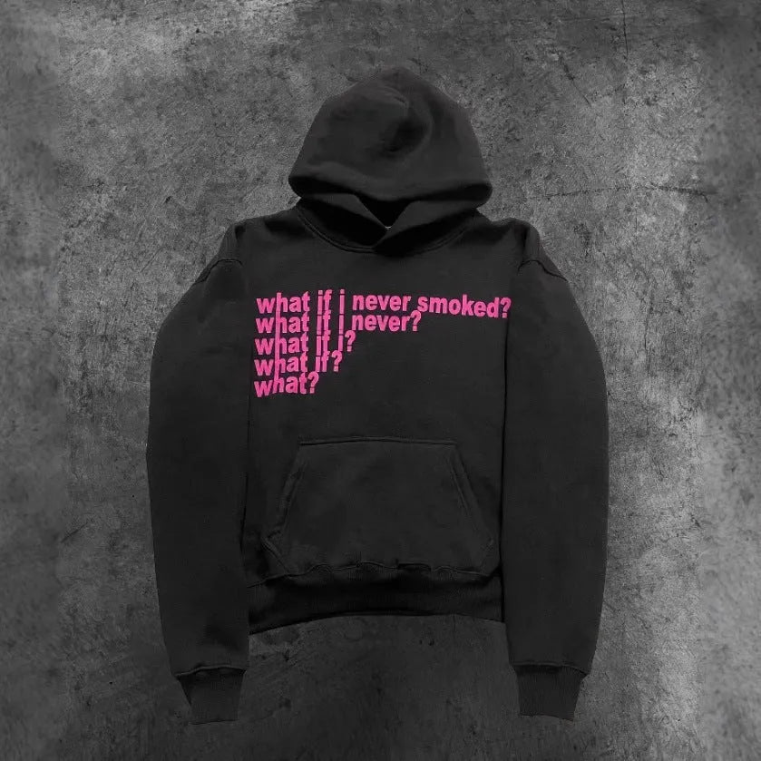 Black hooded sweater with white letter print on the front, shown on a model.