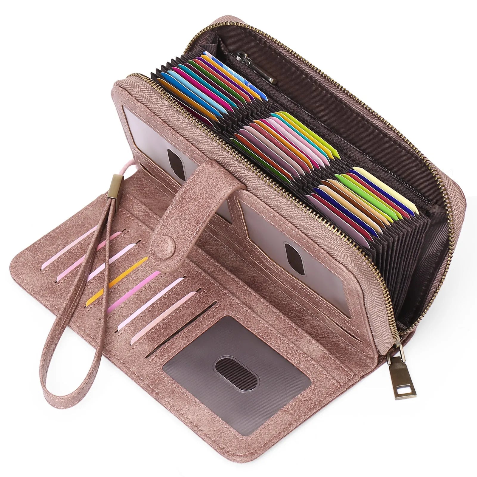 Women's expanding card holder long wallet in synthetic leather with anti-theft swiping function