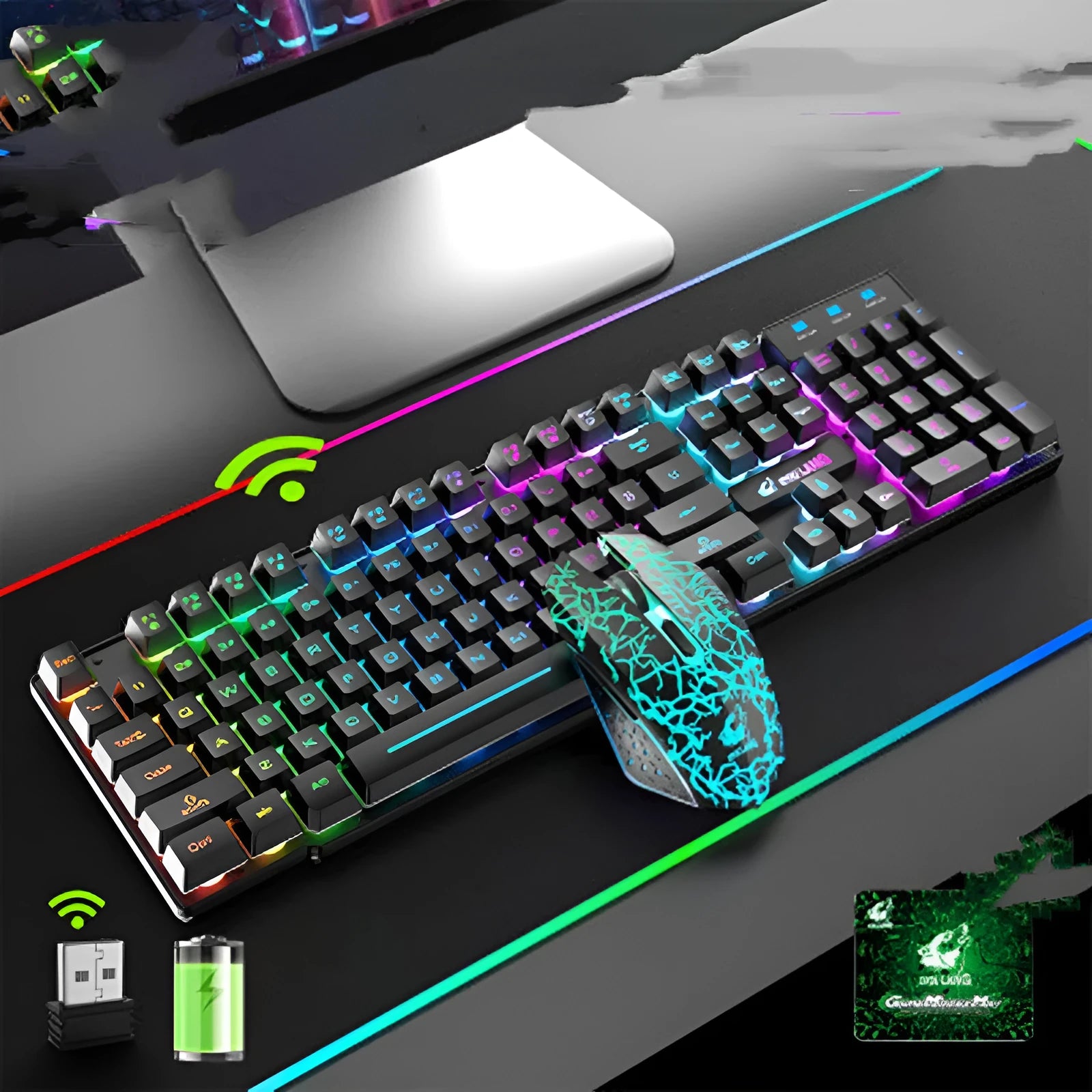 T3 wireless keyboard and mouse set with charging station showing backlit rainbow keys and photoelectric mouse