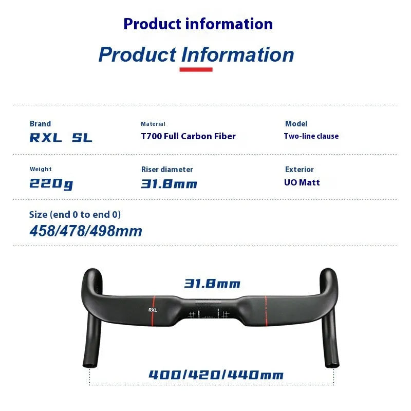Carbon fibre road bicycle handlebar with double line design shown in red and black colour options.