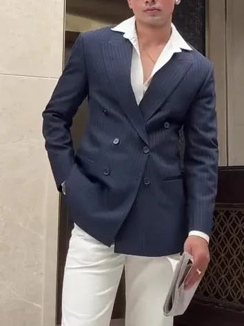 Men's classic striped double-breasted blazer on hanger showing front button fastening