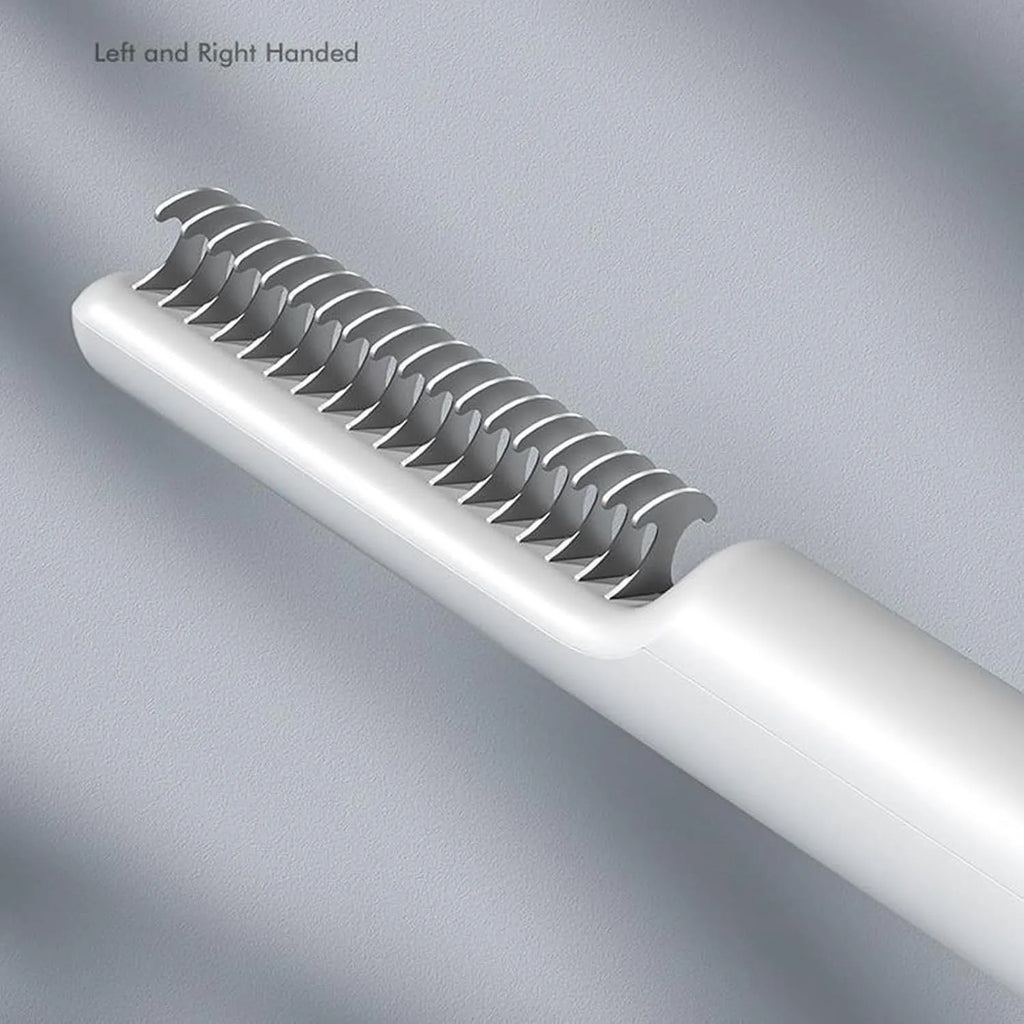 Stainless steel pet dematting comb with handle for removing knots and mats from dog's coat.