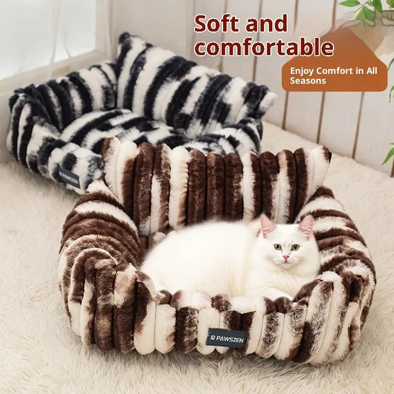 Large plush pet sofa bed for cats in brown colour with pattern drawing design and raised sides
