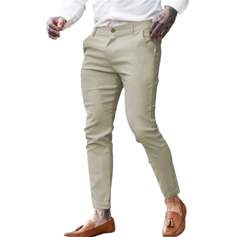 Men's slim fit cotton stretch pencil pants in multiple colours with mid waist and zip fly closure