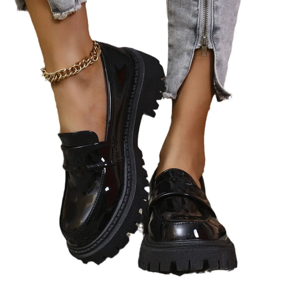 Plus size women's slip-on loafers with chunky platform heel in black, wine red, or green options