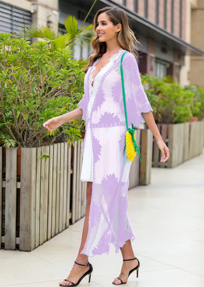 Light purple women's beach dress with lace embroidery, cotton lining, free size swimsuit cover-up