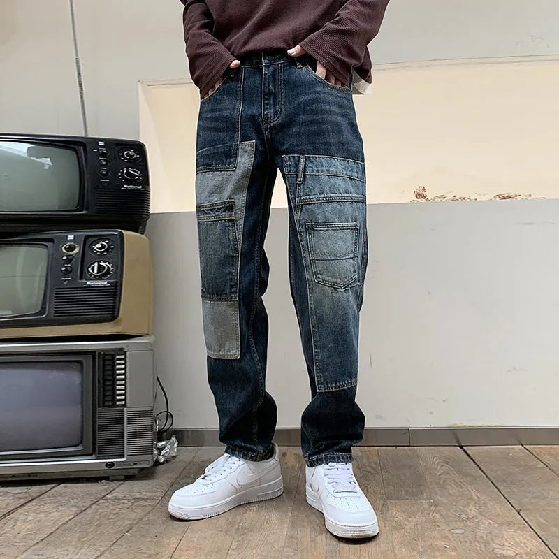 Blue loose dad jeans with multi-pockets, non-stretch cotton denim, mid-rise waist, zipper fly, long length