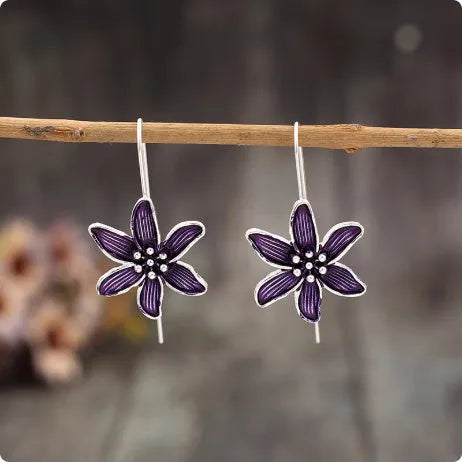 Purple flower-shaped alloy earrings with electroplated finish, retro floral design jewellery for women