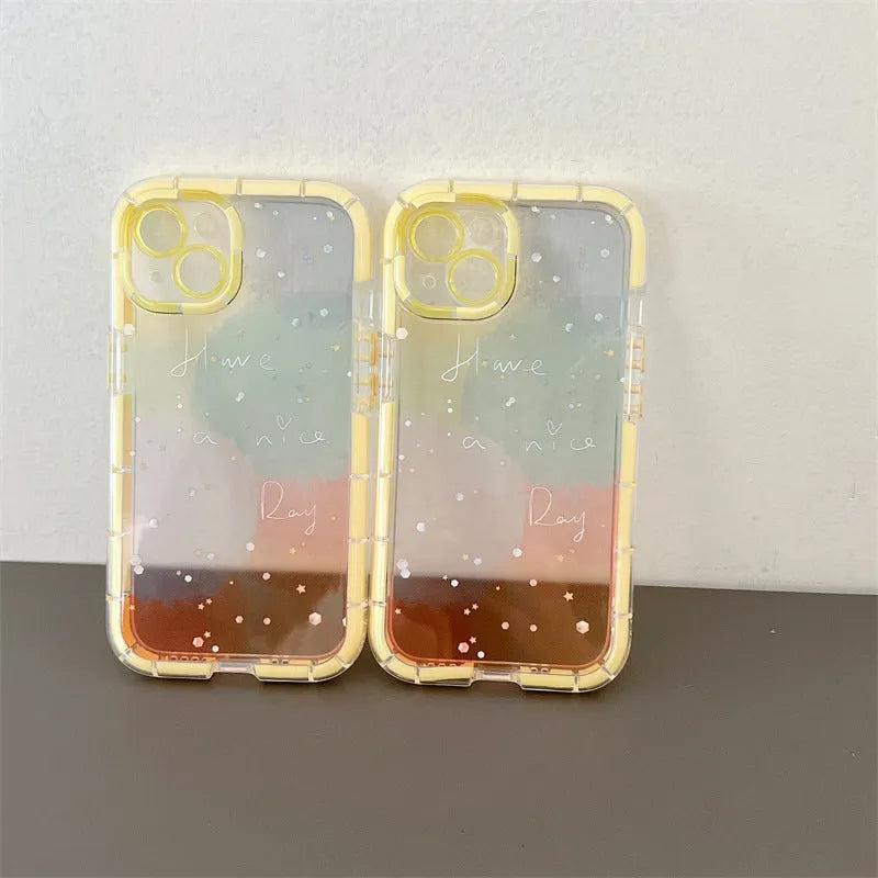 Minimalist iPhone case with a yellow edge on a phone, showing its slim TPU construction.