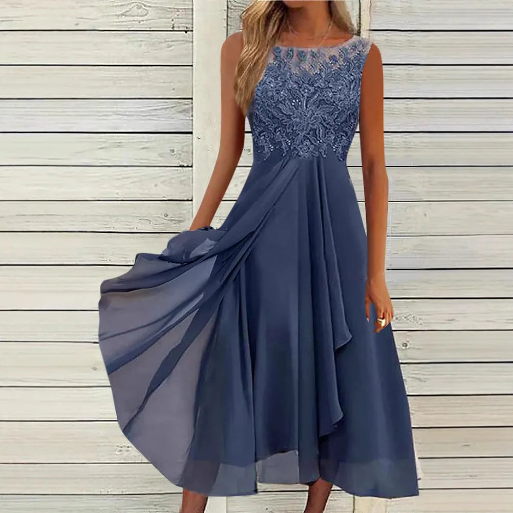 Women's sleeveless blue chiffon dress with hollow-out lace detail, mid-length princess style.