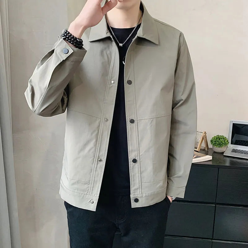 Men's thin single-layer Korean-style jacket in grey, shown on a hanger.