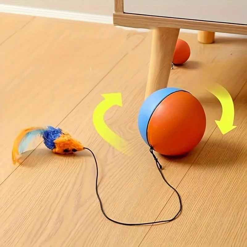 Interactive cat toy ball with plush mouse attachment in grey or orange colour