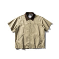 Washed cotton short-sleeve overalls shirt in loose cardigan style available in khaki or grey colours