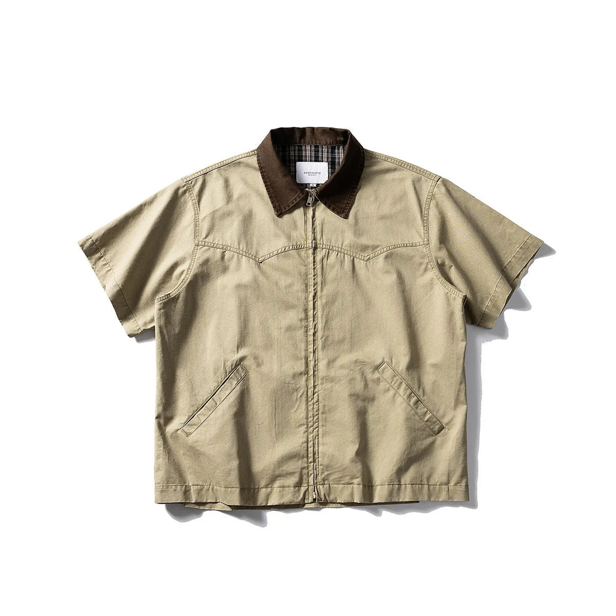 Washed cotton short-sleeve overalls shirt in loose cardigan style available in khaki or grey colours