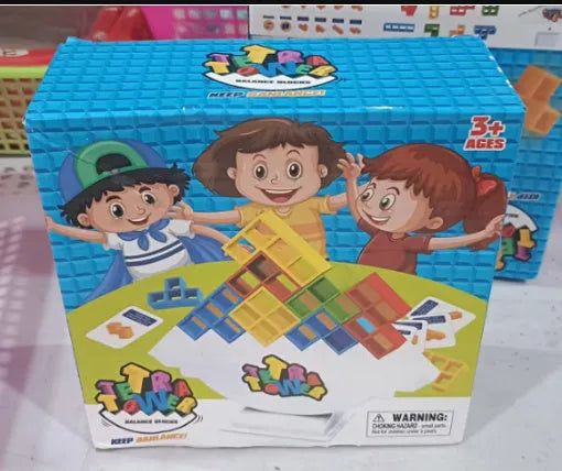 Balance stacking board game with plastic building blocks, chassis, and base for family play